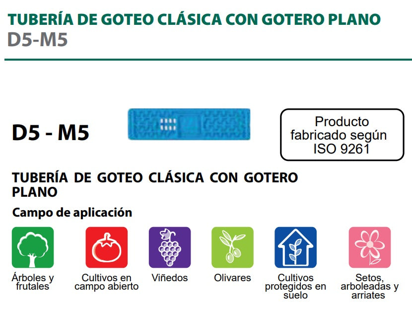 Linea de Gotero Integrado Plano Irritec D5M5 (16/35) de 2.8 l/h, rollo 500