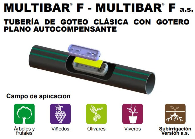 Linea de Gotero Plano Irritec autocompensado Multibar F a.s.-d.s. (16/35) de 1.6 l/h, rollo 500 metros