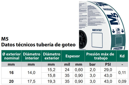 Linea de Gotero Integrado Plano Irritec D5M5 (16/35) de 1.1 l/h, rollo 500 metros