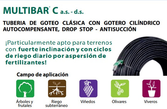 Linea de Gotero cilíndrico Irritec Autocompensante - Antisucción Multibar C a.s.-d.s. (16/35) de 3.8 l/h, rollo 500 metros